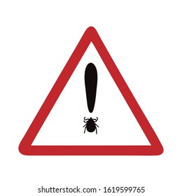 Vector Illustration Caution Tick On White Background. Symbol Of Attention On Insect. Danger Of Lyme Disease And Encephalitis.