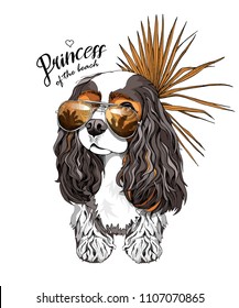 Ilustración vectorial con Cavalier King Charles Spaniel en gafas de sol con una hoja de palma de ventilador. Princesa de la playa, cita con letras. Afiche, estampado con camisetas de estilo manual.