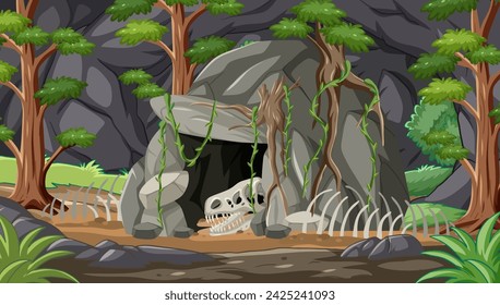Vector illustration of a cave with dinosaur skeleton.