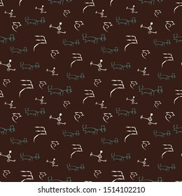 Vector illustration of cave drawings. Isolated from background. Seamless pattern for gifts, posters, flyers, wallpaper, textile, fabric and scrapbooking.