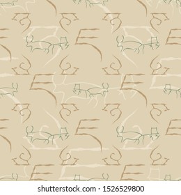 Vector illustration of cave drawings. Isolated from background. Seamless pattern for gifts, posters, flyers, wallpaper, textile, fabric and scrapbooking.