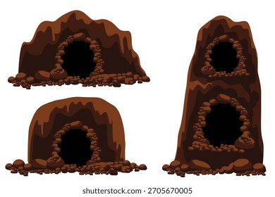 Ilustración vectorial de entradas a cuevas con rocas y Formas montañosas marrones. Adecuado para activos de juego, animación y Elementos de Diseño gráfico. Obra de arte de Vector limpia y detallada.