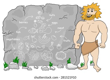 Vector Illustration Of A Cave Man Explains Paleo Diet Using A Food Pyramid Drawn On Stone