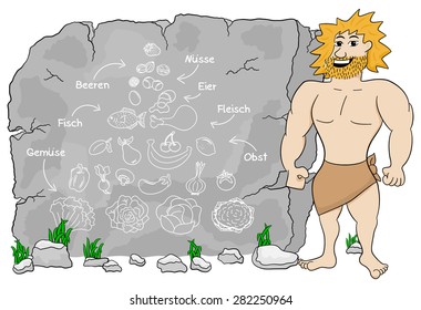 vector illustration of a cave man explains paleo diet using a food pyramid (german) Gemuese = vegetables; Obst = fruits; Fleisch = meat; Fisch = fish; Eier = eggs; Beeren = berries; Nuesse = nuts