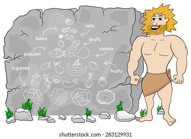 vector illustration of a cave man explains paleo diet using a food pyramid (french) legumes = vegetables; fruits = fruits; viande = meat; poisson = fish; oeufs = eggs; baies = berries; noix = nuts