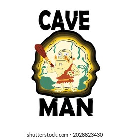 ilustración vectorial de un hombre de las cavernas que porta un palo en una cueva húmeda