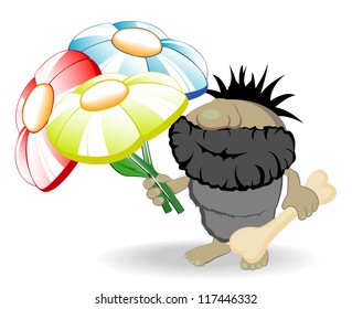 vector illustration of caveman with flowers