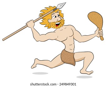 Vector Illustration Of A Caveman Hunting With Spear And Mace