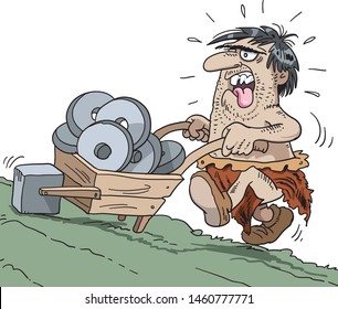 Vector illustration, Caveman pushing square cart.