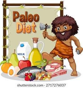 Ilustração vetorial de um homem das cavernas com vários paleoalimentos. Cores brilhantes e estilo divertido enfatizam temas de alimentação saudável