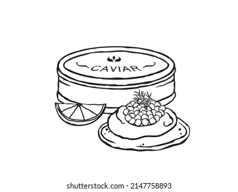 Vector illustration of caviar and blini in black and white sketch style