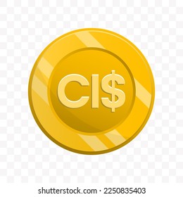 Vector illustration of Cayman Islands Dollar coin in gold color on transparent background (PNG).