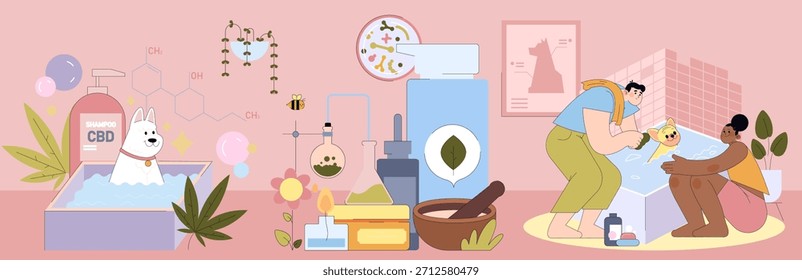 Vector illustration of a CBD pet shampoo with a dog in a bath and a couple bathing their pet. Includes elements like chemical structures, plants, and cosmetic bottles for a holistic view.