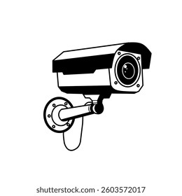 Vector illustration of a CCTV security camera in black and white. Perfect for surveillance, security systems, monitoring, and safety concepts. Isolated on a white background