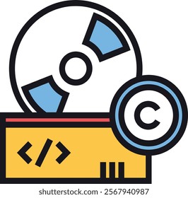 Vector illustration of a CD with code and copyright symbol, representing software development and intellectual property. Perfect for tech, digital rights, and programming themes