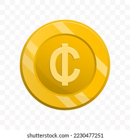 Vector illustration of Cedi coin in gold color on transparent background (PNG).