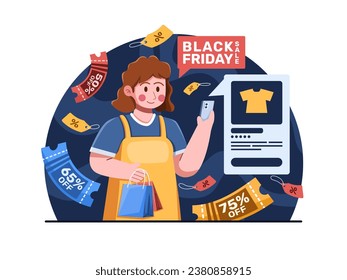 Vector illustration Celebrate Black Friday sale with a Woman shopping on her smartphone during a special promotion, showcasing the convenience of mobile shopping and exclusive discounts.