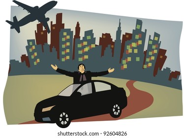 Vector Illustration:  Celebrate the City -- man gestures to evening sky with cityscape behind him.