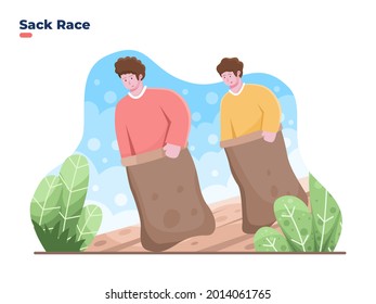 Vector illustration of Celebrate Indonesia Independence Day with sack race or balap karung. Indonesian traditional games sack race to celebrating Independence Day. Banner, poster, web, greeting card.