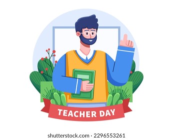 Vector illustration celebrates Teacher's Day, featuring a male teacher raising his hand in front of a whiteboard. Perfect for web design, greeting cards, postcards, and more. Happy Teacher's Day.