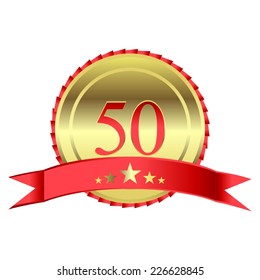 Vector illustration of Celebrating 50 - anniversary. Red Ribbon and stars. Gold background 