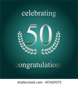 Vector illustration of Celebrating - 50 years. Silver laurel wreath on a turquoise background.