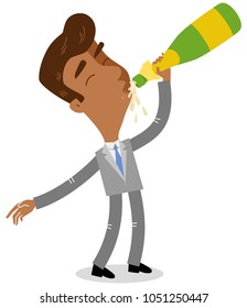 Vector illustration of celebrating asian cartoon businessman drinking from champagne bottle isolated on white background