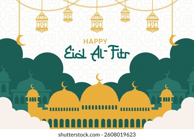 Vector illustration celebrating Eid Al-Fitr, featuring a mosque silhouette in golden and green tones, with hanging lanterns and crescent moons. 