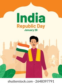 Vector illustration celebrating India Republic Day on 26 January with Indian flag, tricolor theme, and patriotic elements symbolizing national pride and unity.