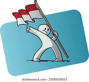 A vector illustration celebrating Indonesian Independence Day, featuring a stylized figure holding the red and white flag of Indonesia