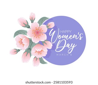 vector illustration celebrating International Womens Day features delicate cherry blossoms in full bloom, symbolizing beauty and resilience. The design exudes warmth and joy, for a festive banner.