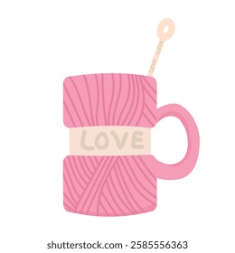 Vector illustration celebrating love and Valentine's Day on February 14. Cozy cup with the inscription "Love", perfect for greeting cards, holiday decorations and romantic-themed designs. Isolated