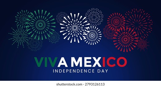 Vector illustration celebrating Mexico Independence Day.  Horizontal banner with fireworks in colors of Mexican flag and inscription 