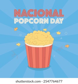 Ilustração vetorial celebrando o Dia Nacional da Pipoca com um balde de pipoca vibrante sobre um fundo azul divertido. Perfeito para comida, feriados, cinema e projetos temáticos de celebração.