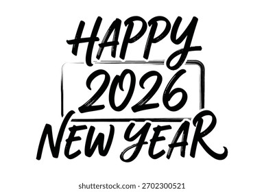 Ilustración vectorial que celebra el año nuevo 2026 usando letras de guion de pincel audaz, una forma de caja simple y un fondo blanco limpio ideal para la promoción de temporada.