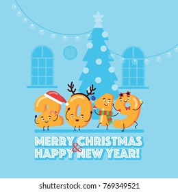 Vector Illustration -  Celebrating New Year Eve and Merry Christmas with Character 2019