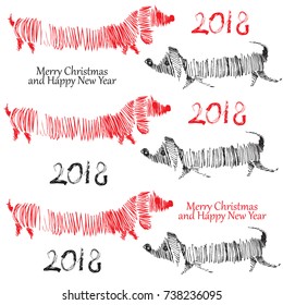 Vector illustration celebrating the printing of a poster with a dog silhouette. 2018 Greeting card happy New year