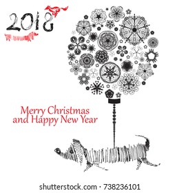 Vector illustration celebrating the printing of a poster with a dog silhouette. 2018 Greeting card happy New year
