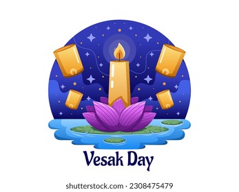 A vector illustration celebrating Vesak Day with vibrant lotus flower, light candles, and a beautiful light lantern. Buddha Purnima, Vaishakh Purnima, Saka Dawa celebration.