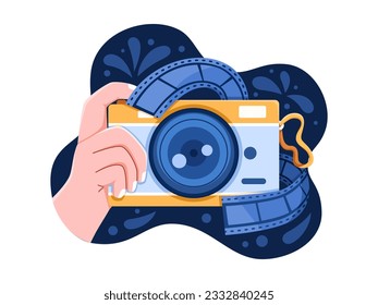 Vektorgrafik anlässlich des Weltfotografiktages, mit der Hand eines Fotografen, der einen Moment mit einer Kamera und umgeben von Filmrollen erfunden hat.
Perfekt für Karten, Web, Social Media.