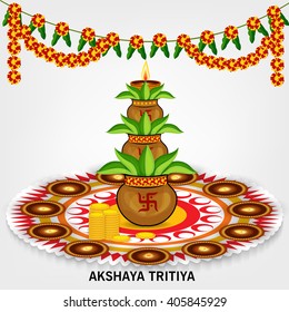 Vector illustration of a celebration background for Akshaya Tritiya with kalash.