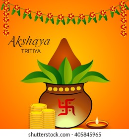 Vector illustration of a celebration background for Akshaya Tritiya with kalash.