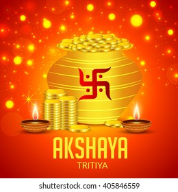 Vector illustration of a celebration background for Akshaya Tritiya with kalash.