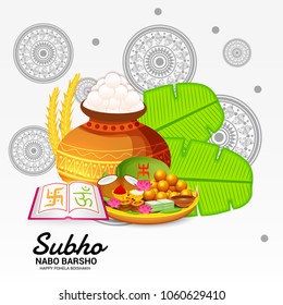 Vector illustration of a  Celebration Background for bengali new year Subho Nabo Barsho a mud pot fill with rasgulla.