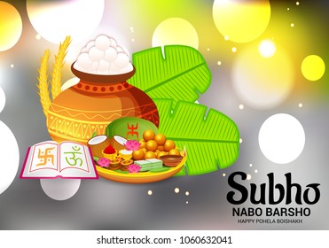 Vector illustration of a  Celebration Background for bengali new year Subho Nabo Barsho a mud pot fill with rasgulla.