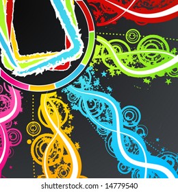 Vector illustration of a celebration background with colorful explosions of rainbow stars, circles and lined art.