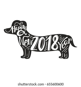 Vector Illustration, celebration background with dog. 2018 Happy New Year greeting card