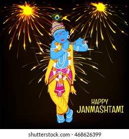  Vector illustration of a celebration background with Krishna playing flute for Happy Krishna Janmashtami.