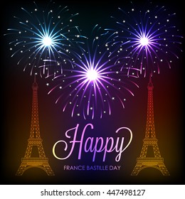 Vector illustration of a Celebration background with stylish text and Eiffel Tower for France Independence Day.