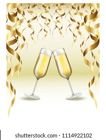 Vector Illustration. Celebration background with two glasses of champagne and golden ribbons.